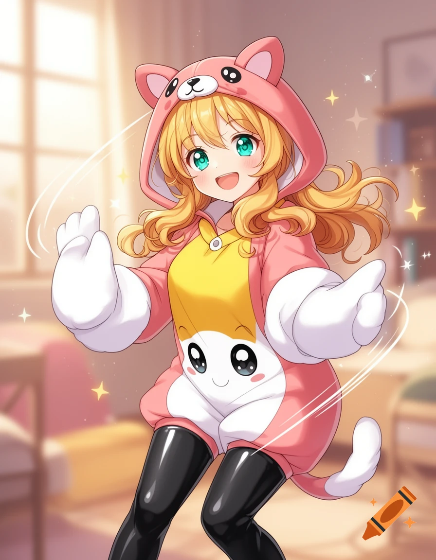 Anime girl in a pink bear kigurumi with a yellow shirt and black boots, smiling cheerfully.