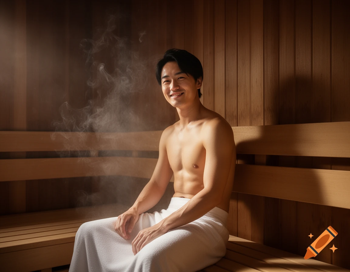 A smiling shirtless Japanese man sits on a wooden bench in a steamy sauna, wrapped in a white towel.