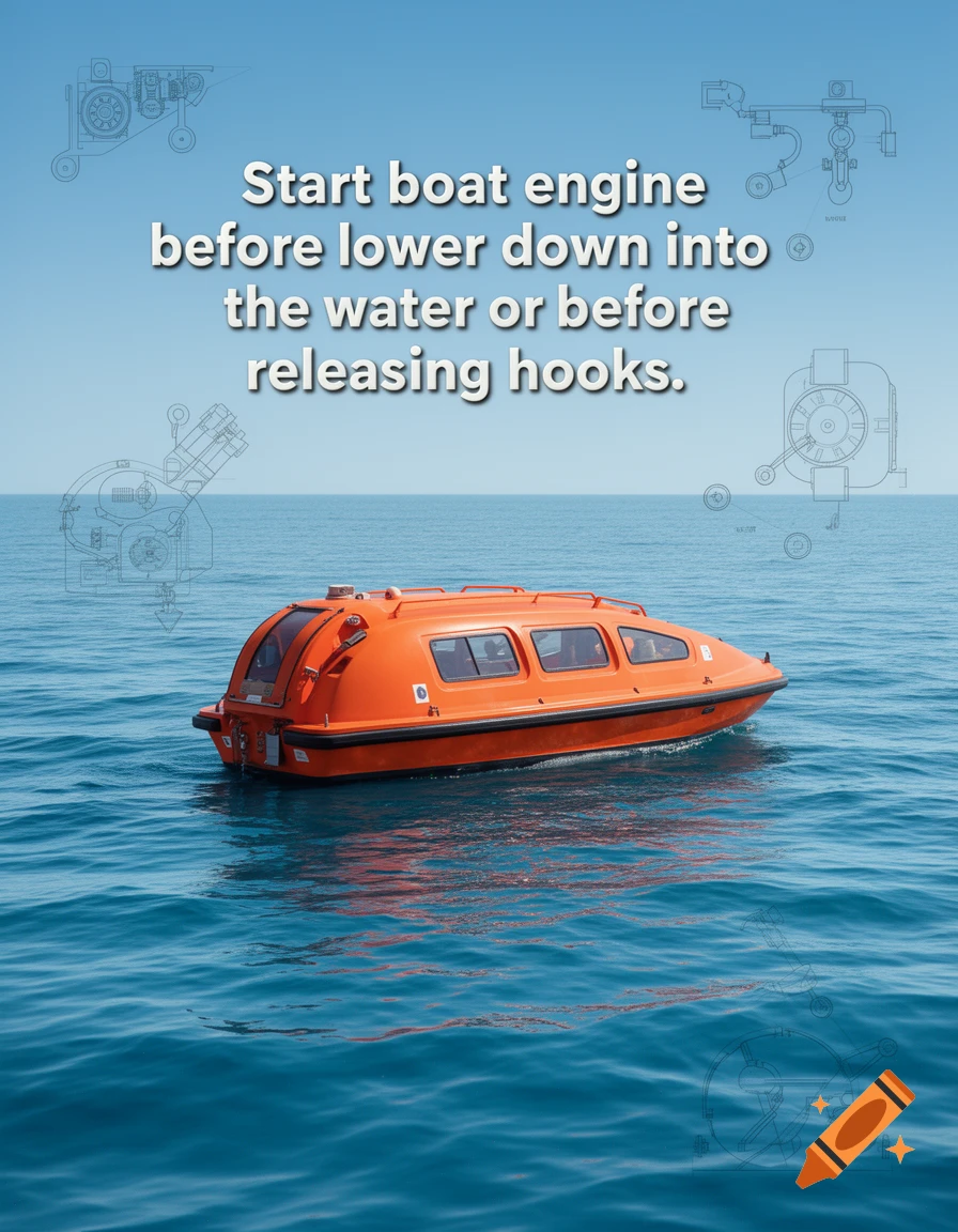 A bright orange enclosed lifeboat floats on calm blue ocean water under a clear blue sky, with white safety instructions overlaid.