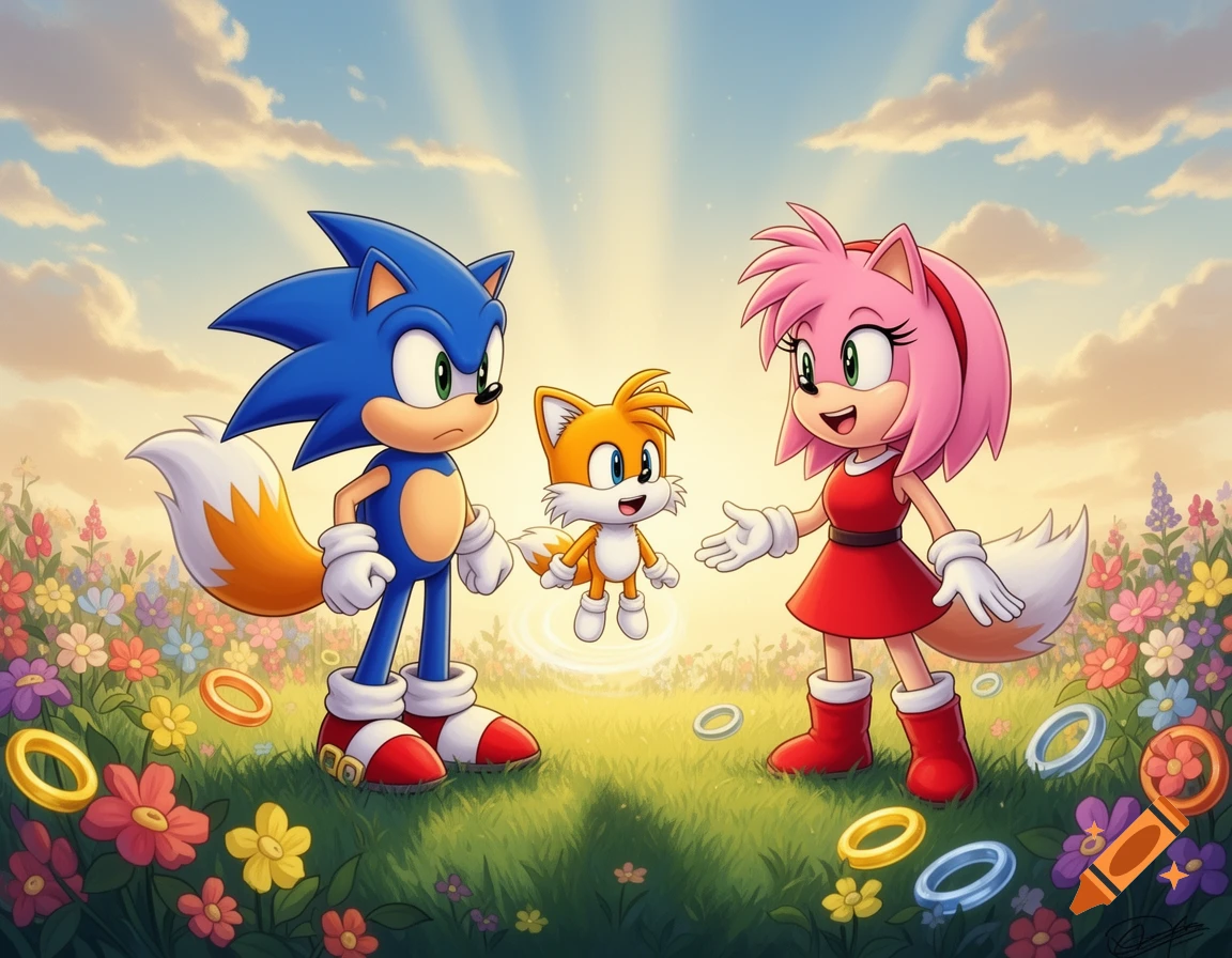 Sonic, Tails, and Amy Rose stand in a flowery field with rings under a warm sunset sky in a cartoon style.