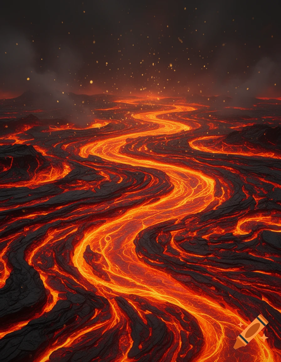 A winding river of bright orange and red lava flows through a dark, rocky landscape under a smoky, star-dusted sky.