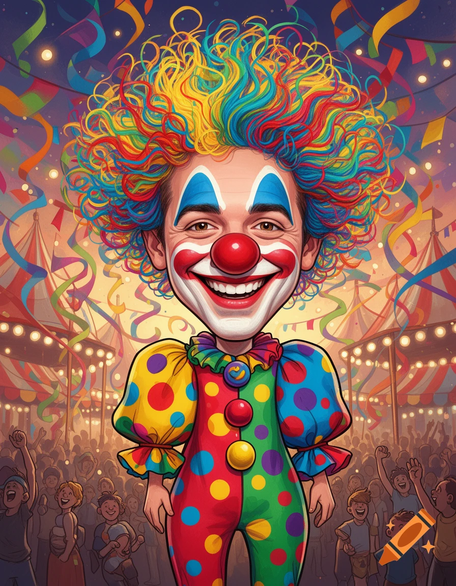 A colorful caricature of a clown with rainbow hair and a polka-dotted suit, smiling brightly in front of a festive carnival crowd with streamers.