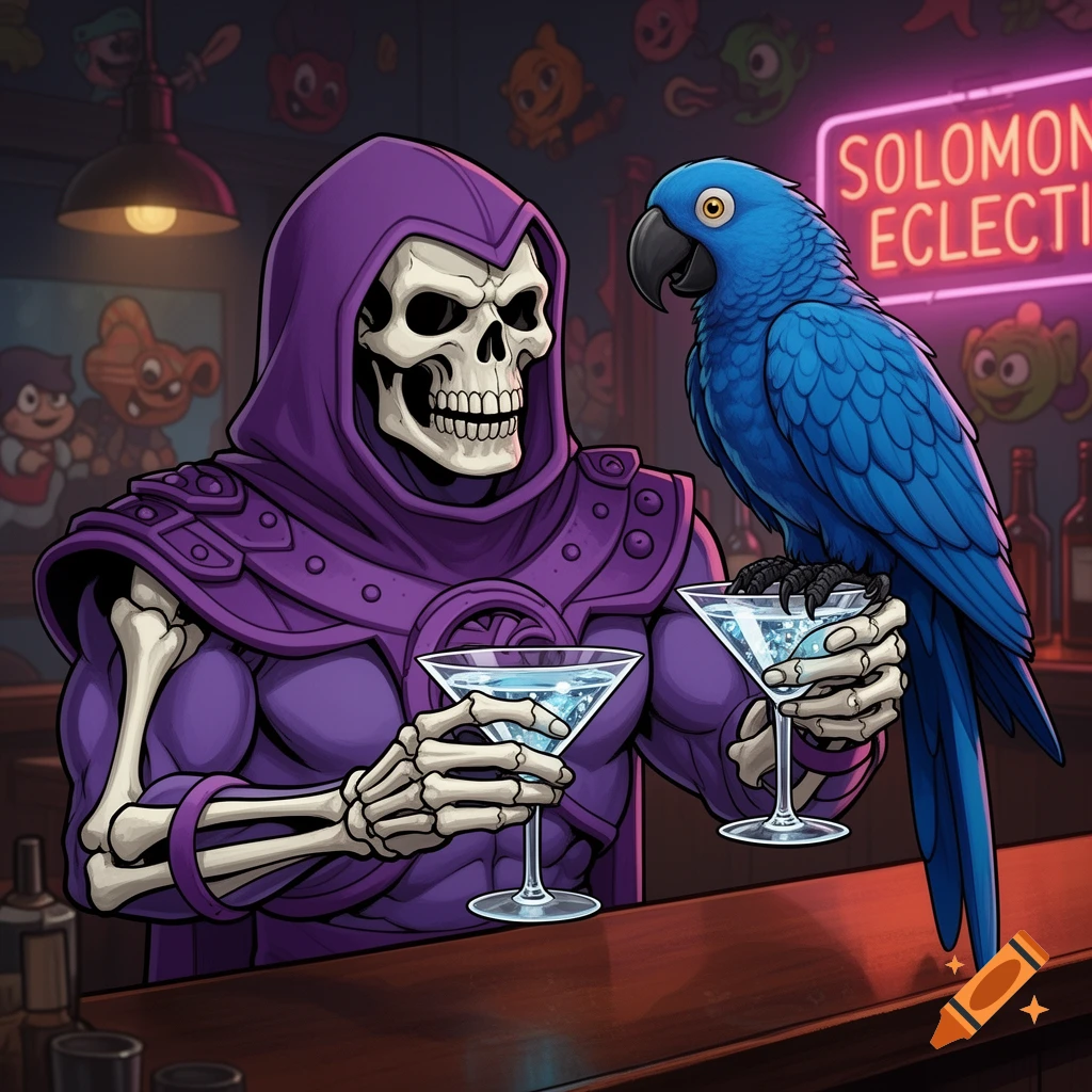Skeletor in a purple hooded robe and a blue hyacinth macaw parrot sit at a bar, each holding a martini glass. A neon sign in the background reads "SOLOMON ECLECTIC".
