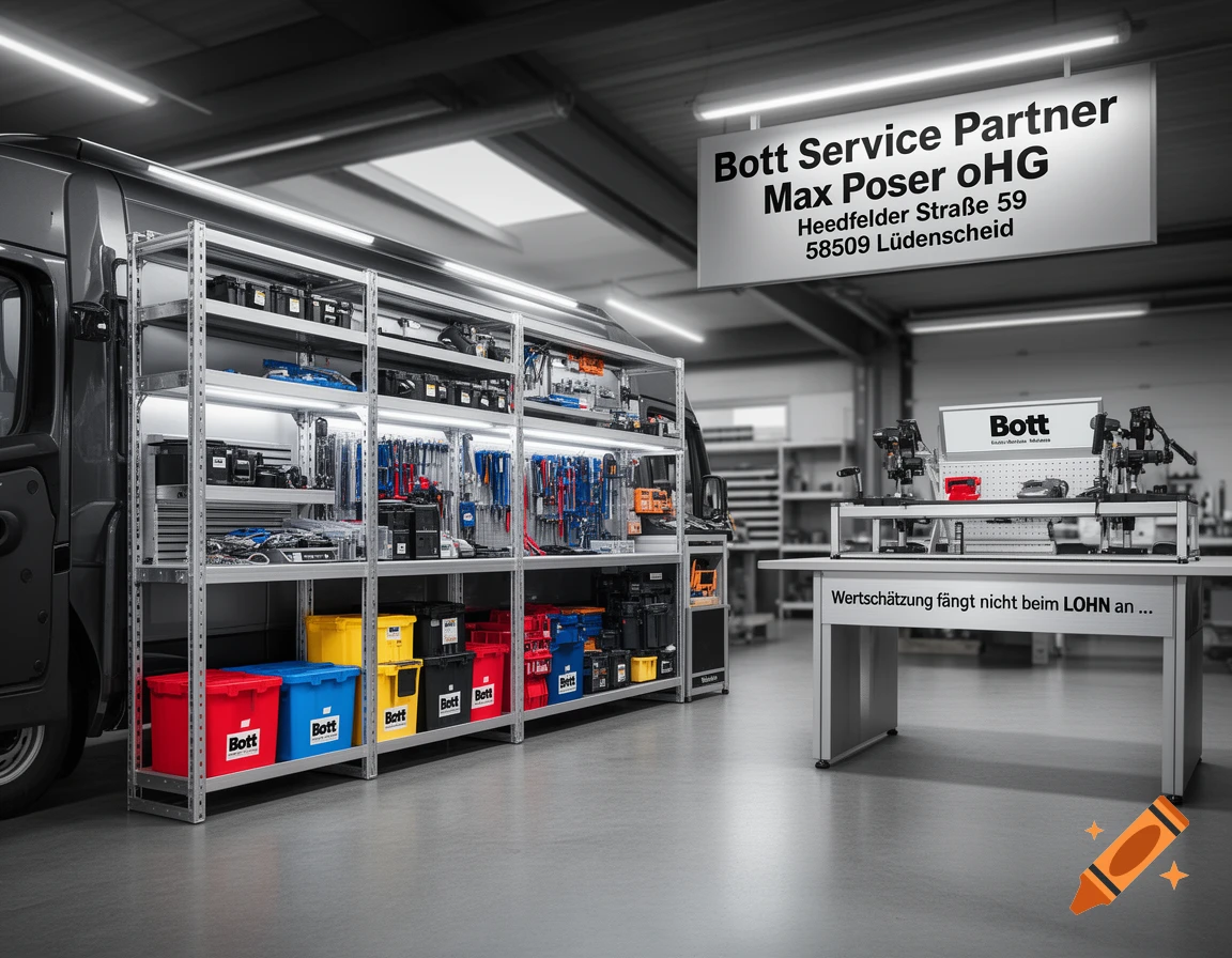 Photorealistic image of a workshop interior with a van shelving system full of tools and colorful storage boxes, and a workbench.