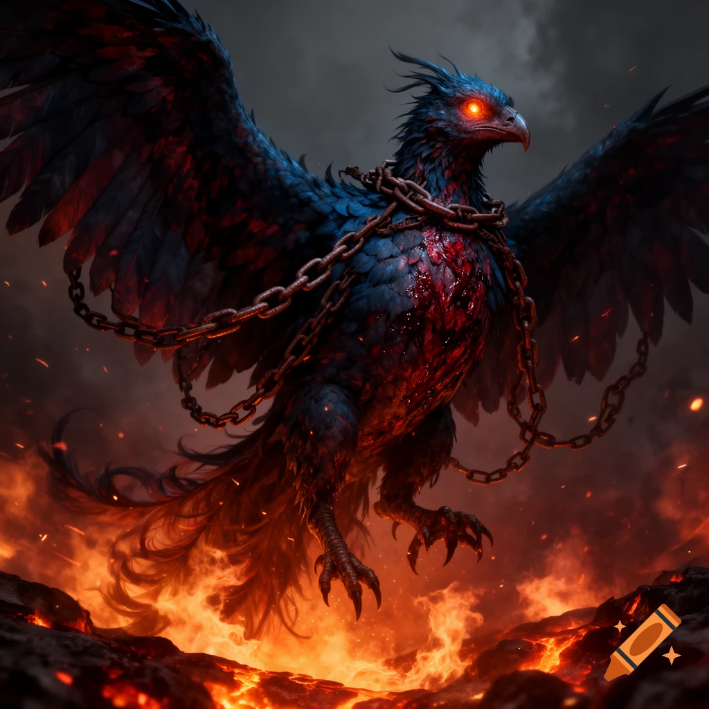 A dark fantasy phoenix with glowing red eyes and chains across its chest, standing amidst a fiery, lava-filled landscape.