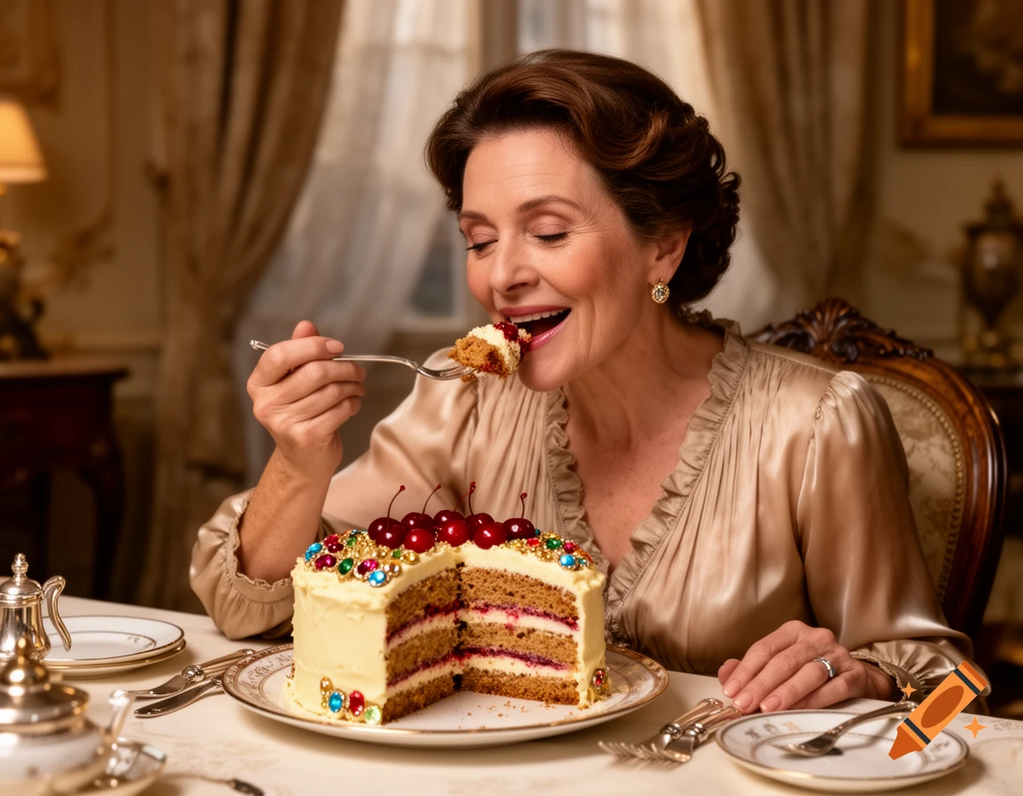 Elegant woman joyfully eats a jewel-adorned layered cake with cherries at a fancy table. Photorealistic.