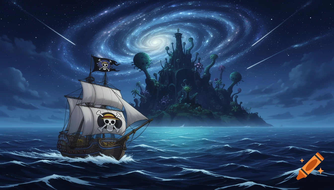A pirate ship with the One Piece Straw Hat Jolly Roger sails on dark, wavy seas towards a mysterious, fantastical island under a swirling galaxy night sky in an anime art style.