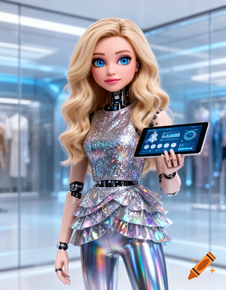 A photorealistic blonde female robot with blue eyes, wearing a sparkly silver top and metallic pants, holds a tablet in a futuristic setting.