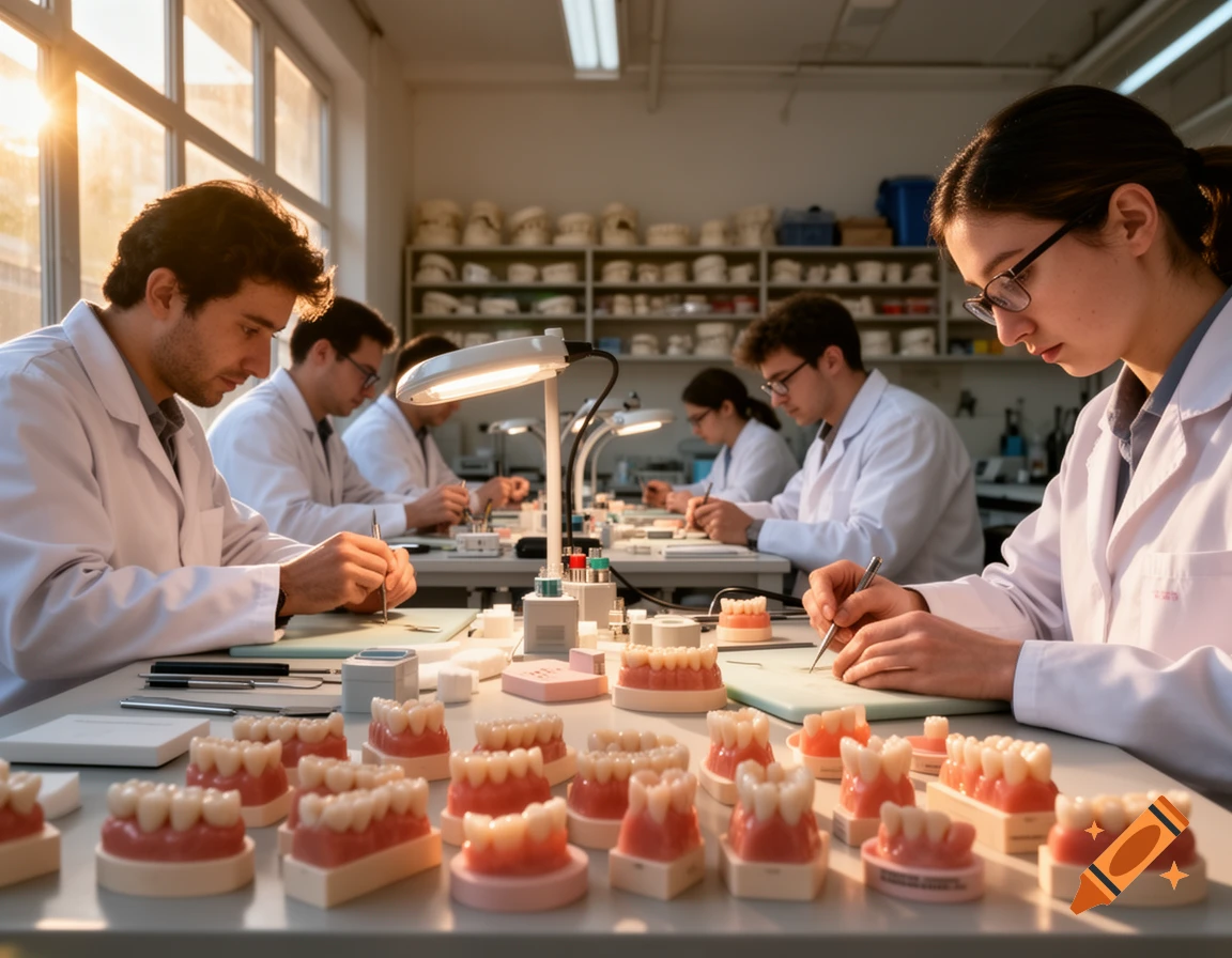 People in lab coats meticulously working on dental models in a bright dental laboratory, photorealistic.