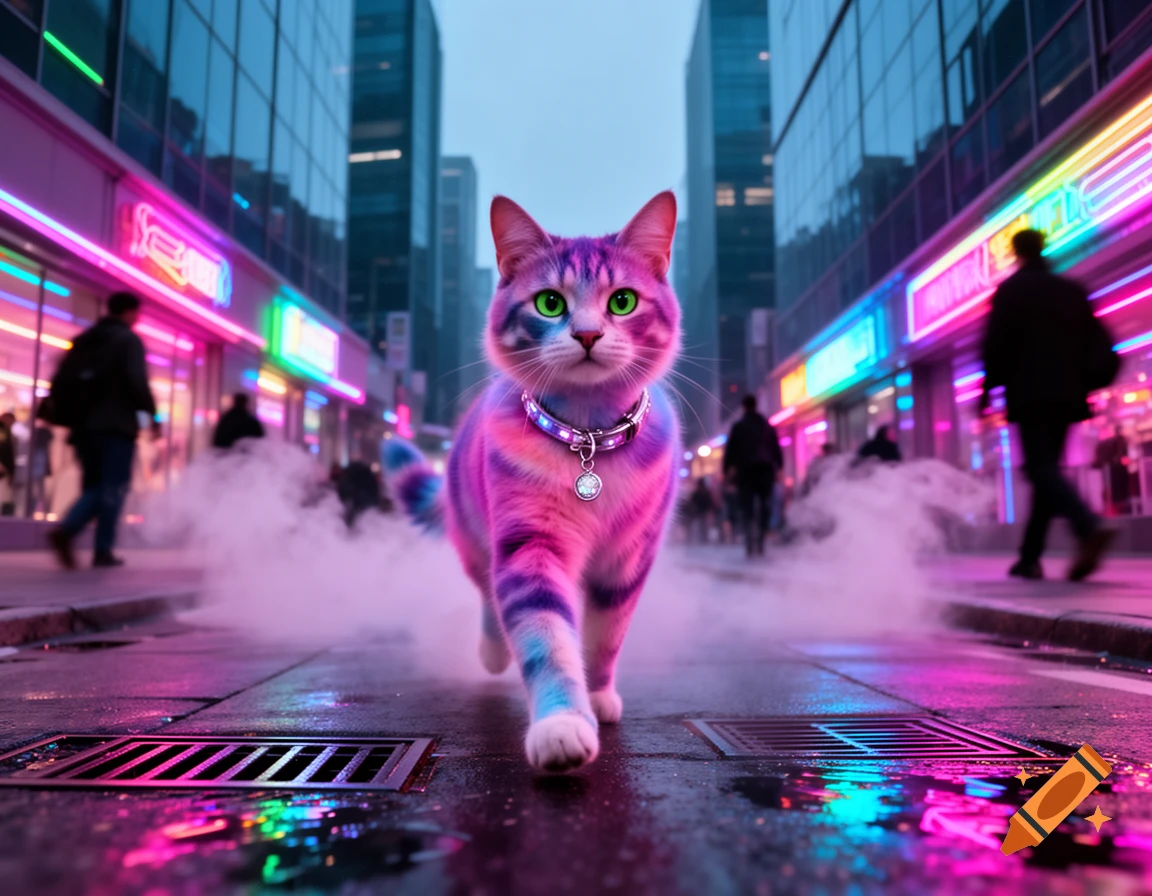 A rainbow-colored cat with green eyes and a glowing collar walks on a wet city street at night, reflecting neon lights and smoke.