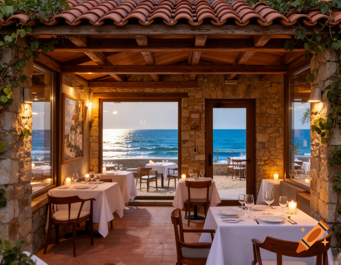Photorealistic image of a beautiful seaside restaurant with stone walls, a wooden roof, and candlelit tables overlooking the ocean at dusk.