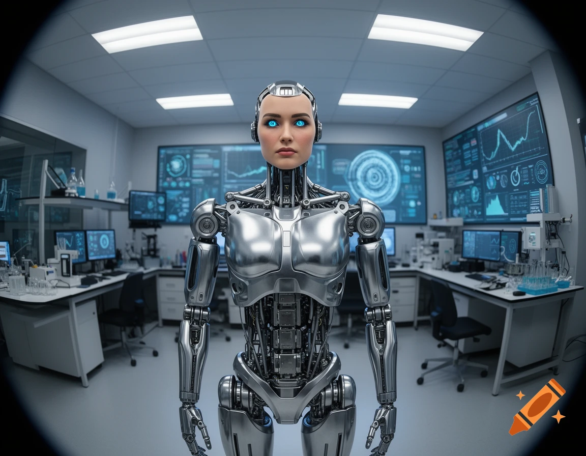 Photorealistic humanoid robot with glowing blue eyes in a futuristic laboratory filled with computer screens and scientific equipment.