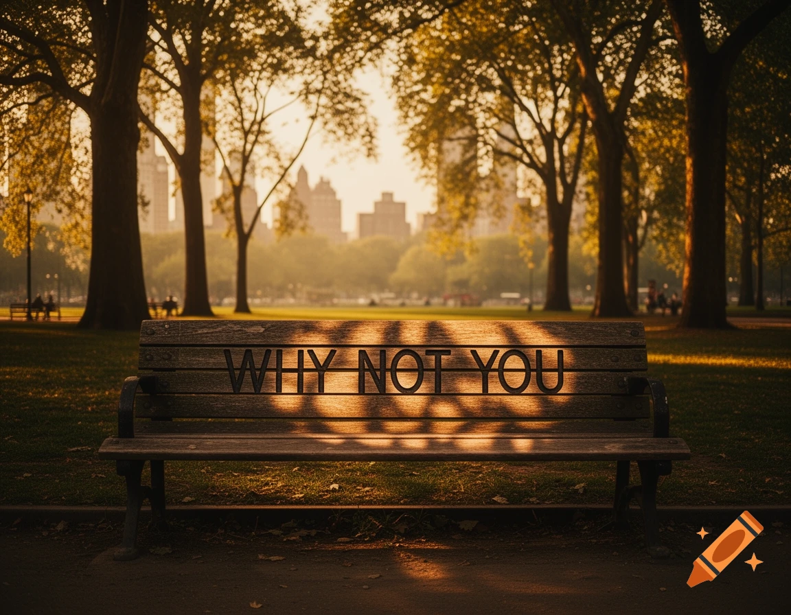 A wooden park bench with "WHY NOT YOU" written on its backrest, illuminated by golden hour sunlight, overlooking a city skyline.