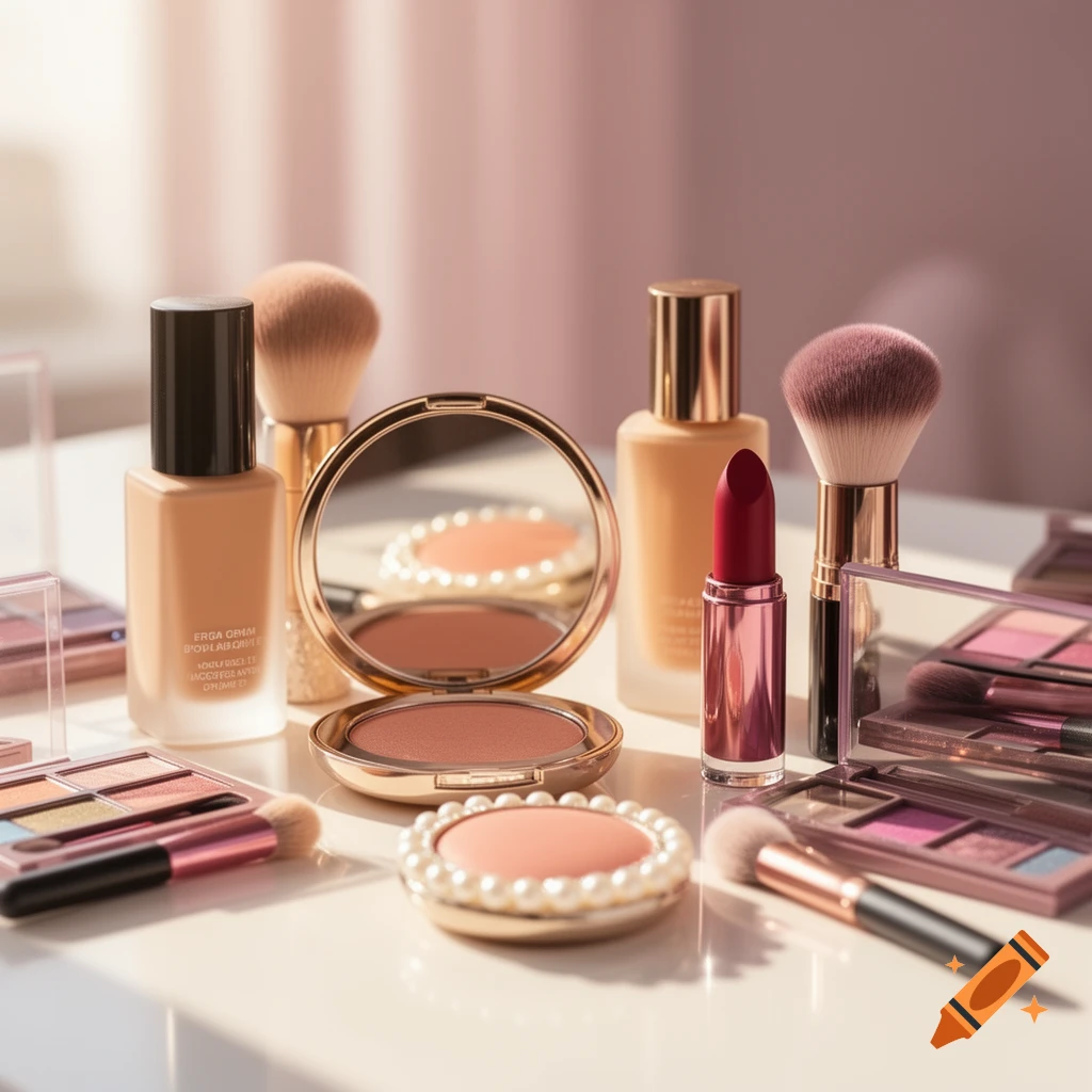 Close-up of various makeup products including foundation bottles, compacts, lipstick, and brushes on a white surface with soft lighting.
