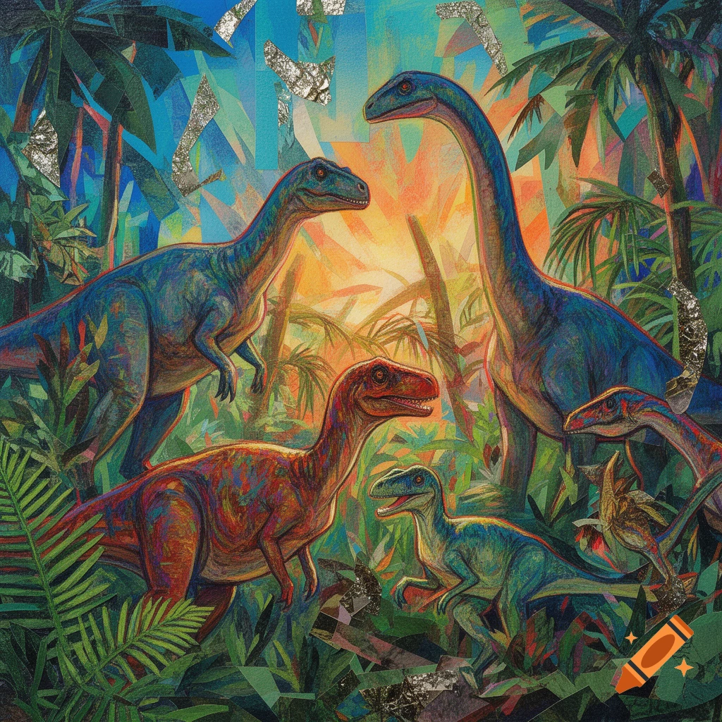 Colorful dinosaurs in a vibrant jungle scene, rendered in a stylized mixed media and collage art style.