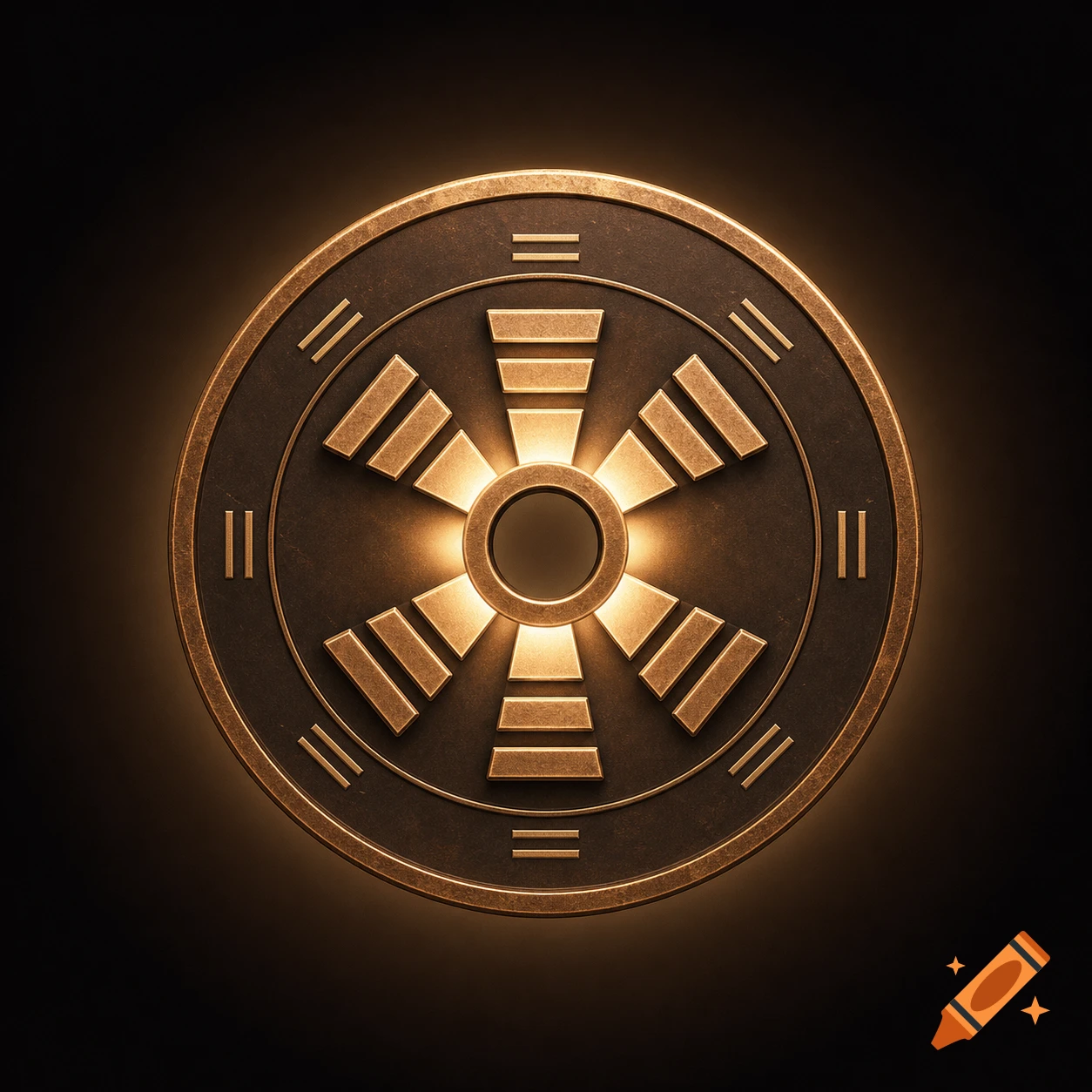 A dark bronze medallion with a glowing golden abstract symbol at its center and abstract line patterns on its outer rim, set against a dark background.