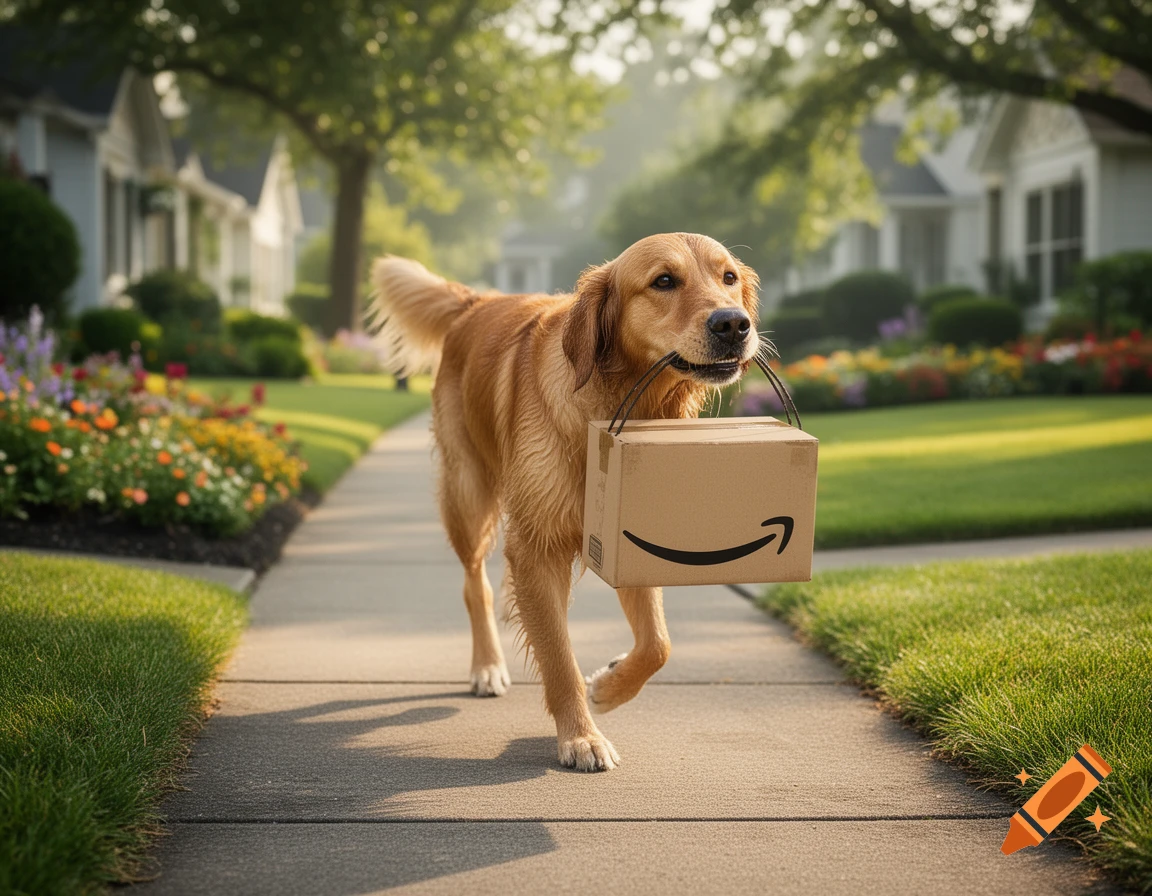 A golden retriever dog carries a brown Amazon package in its mouth while walking on a sidewalk in a sunny suburban neighborhood.