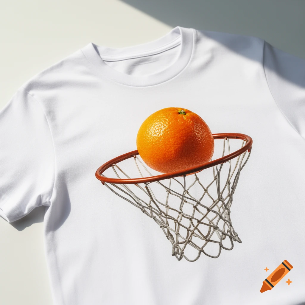A bright orange resting in a basketball net printed on a clean white t-shirt, lit by natural light.