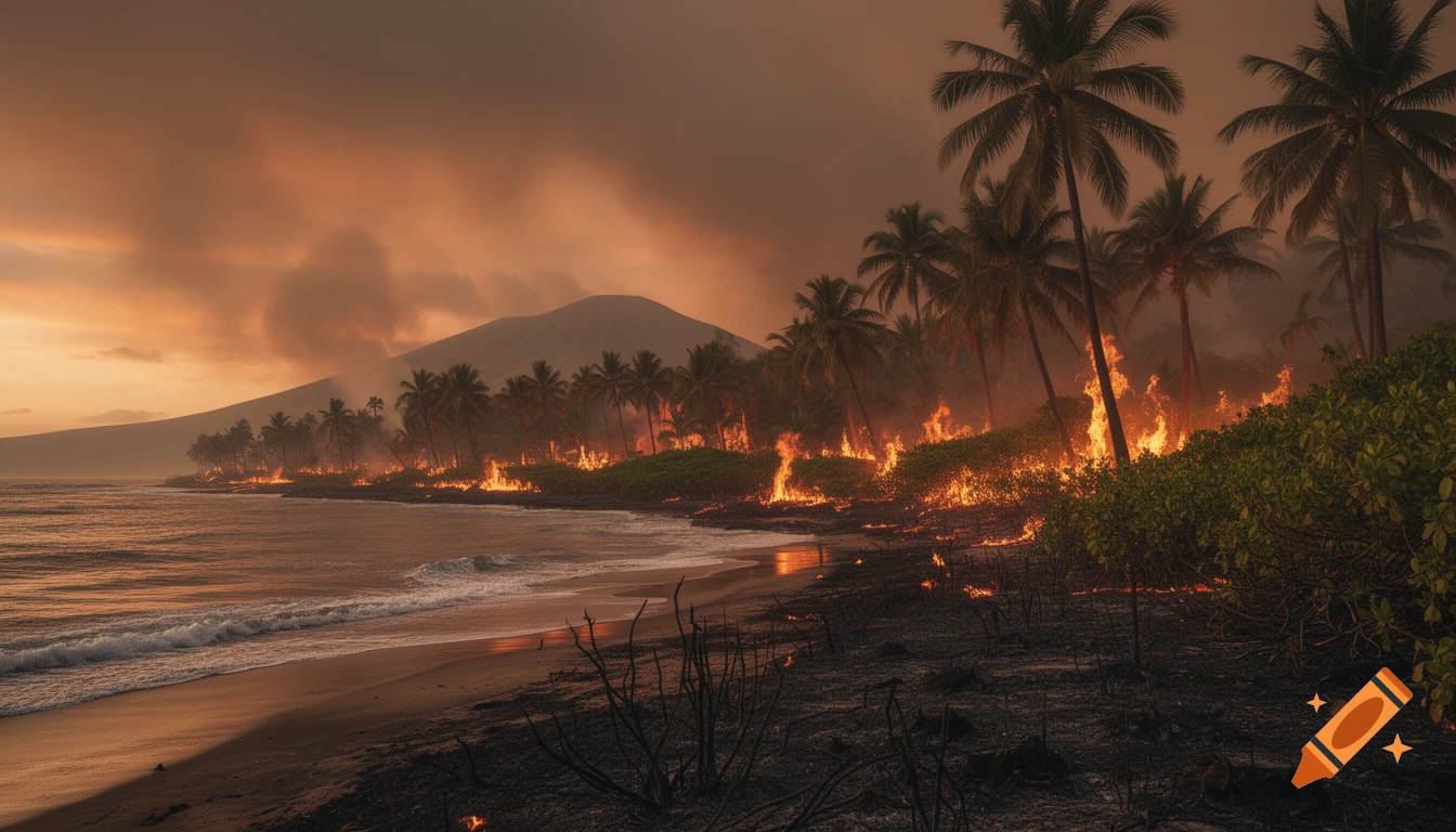 Photorealistic tropical beach wildfire with palm trees, a mountain, and smoke filling an orange sky.