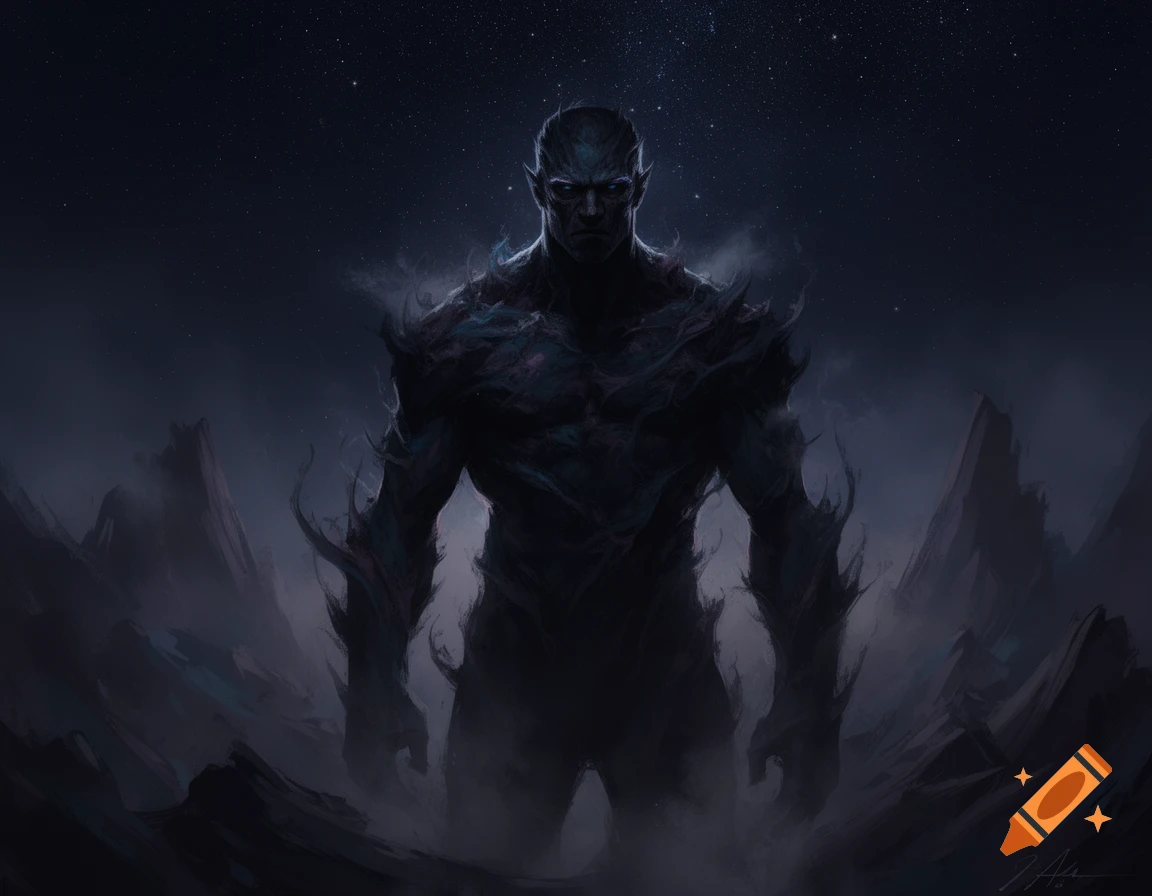 A dark, muscular, monstrous figure with glowing eyes stands under a starry night sky amidst a desolate, abstract landscape.