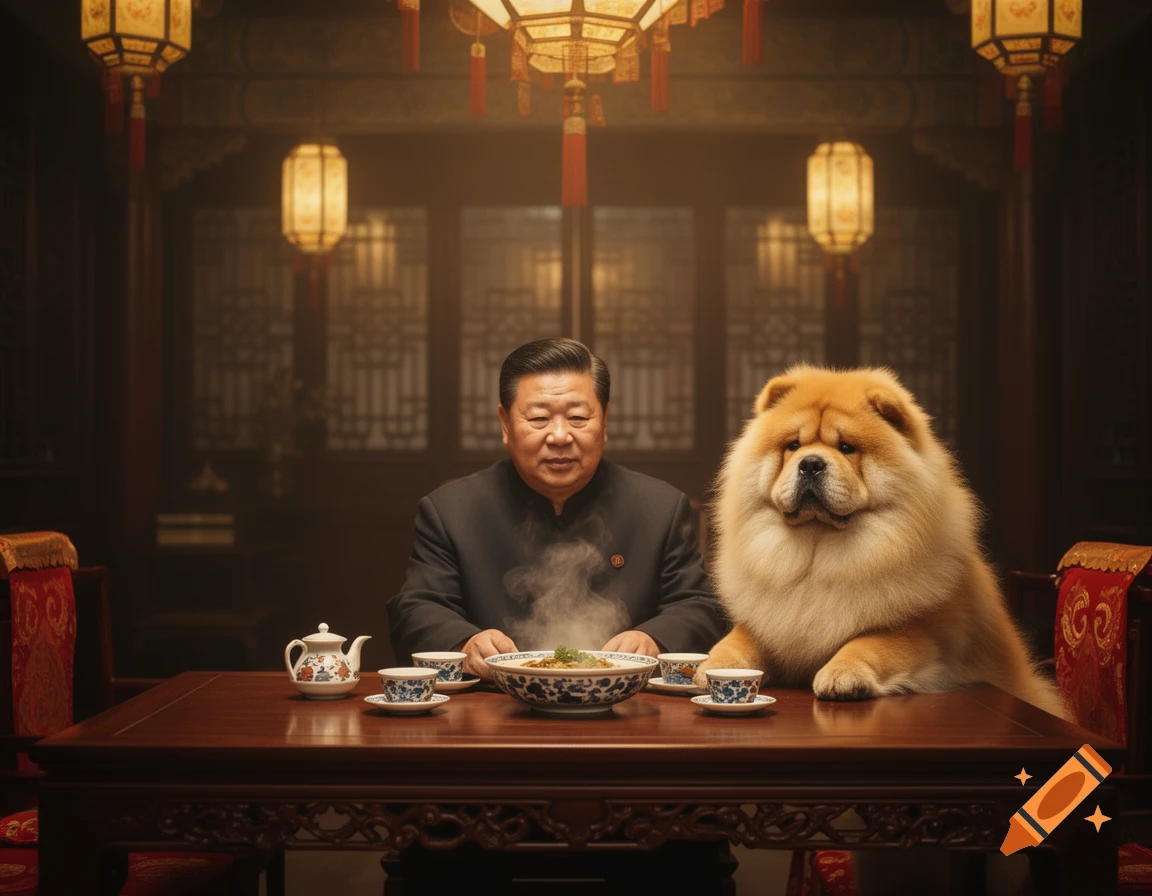 Man resembling Xi Jinping and a Chow Chow dog sit at a table with a steaming bowl of food in a traditional Chinese room.