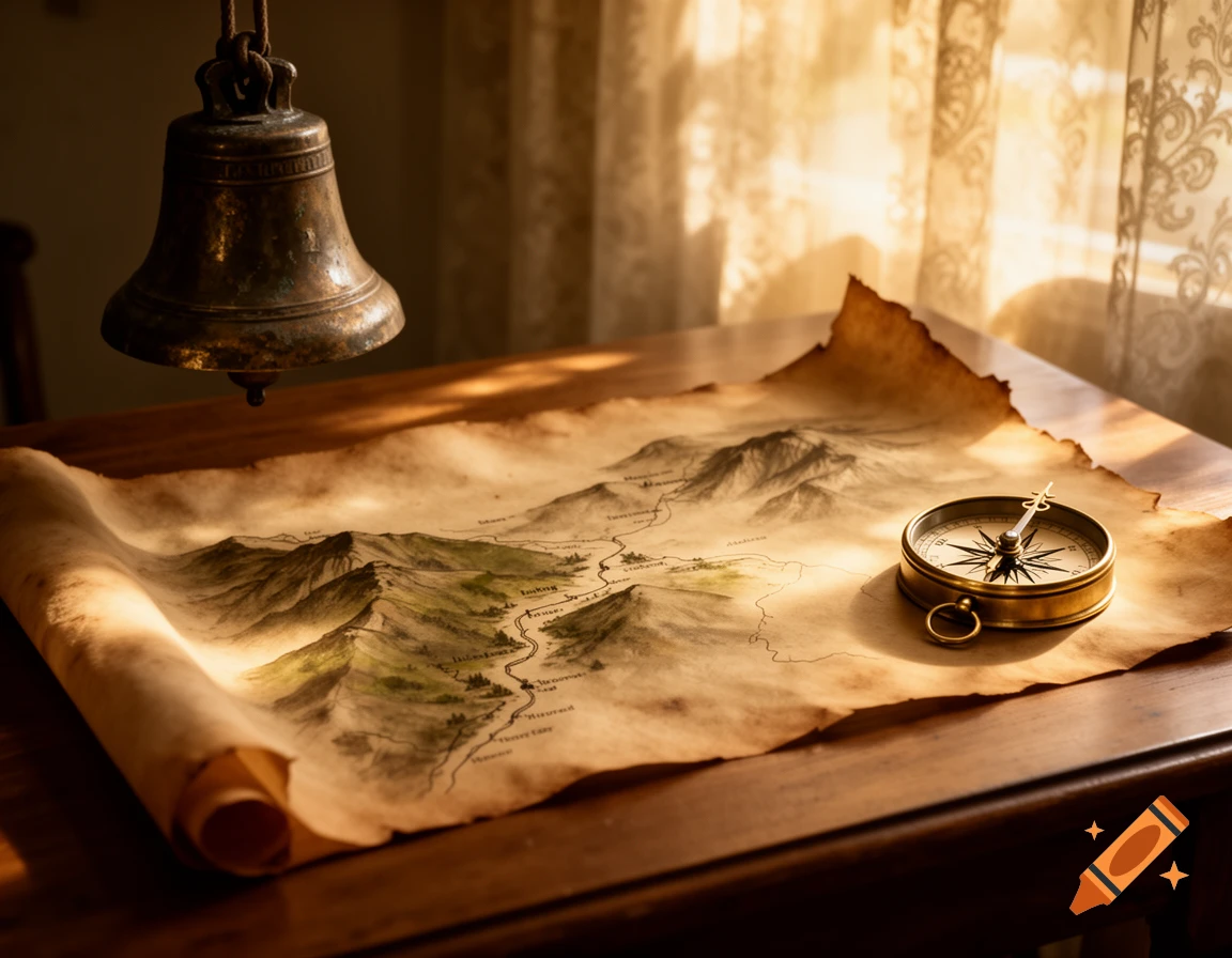 A detailed vintage map unfurled on a wooden table, with an antique compass on the right, and an old brass bell hanging above on the left, illuminated by golden light.