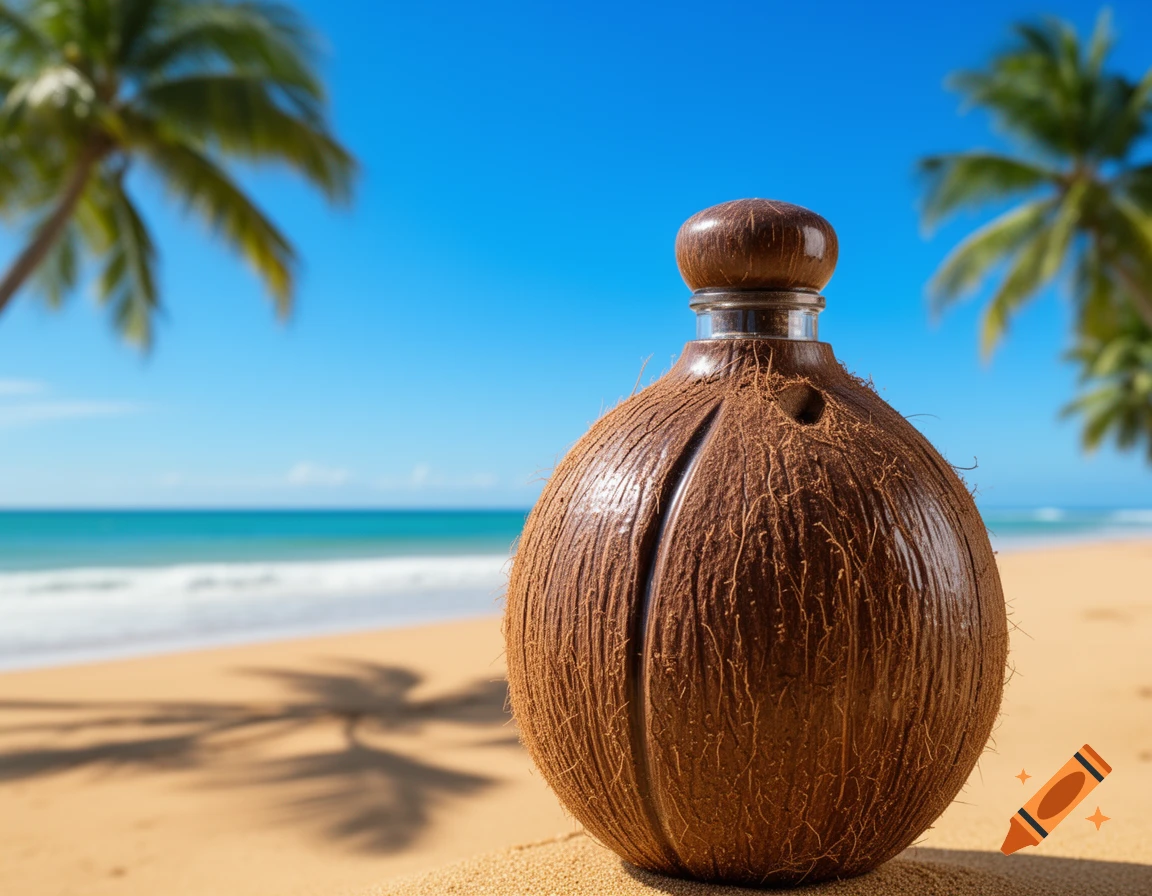 A creative coconut-shaped bottle with a wooden stopper stands on a sandy beach with palm trees and ocean in the background, photorealistic style.