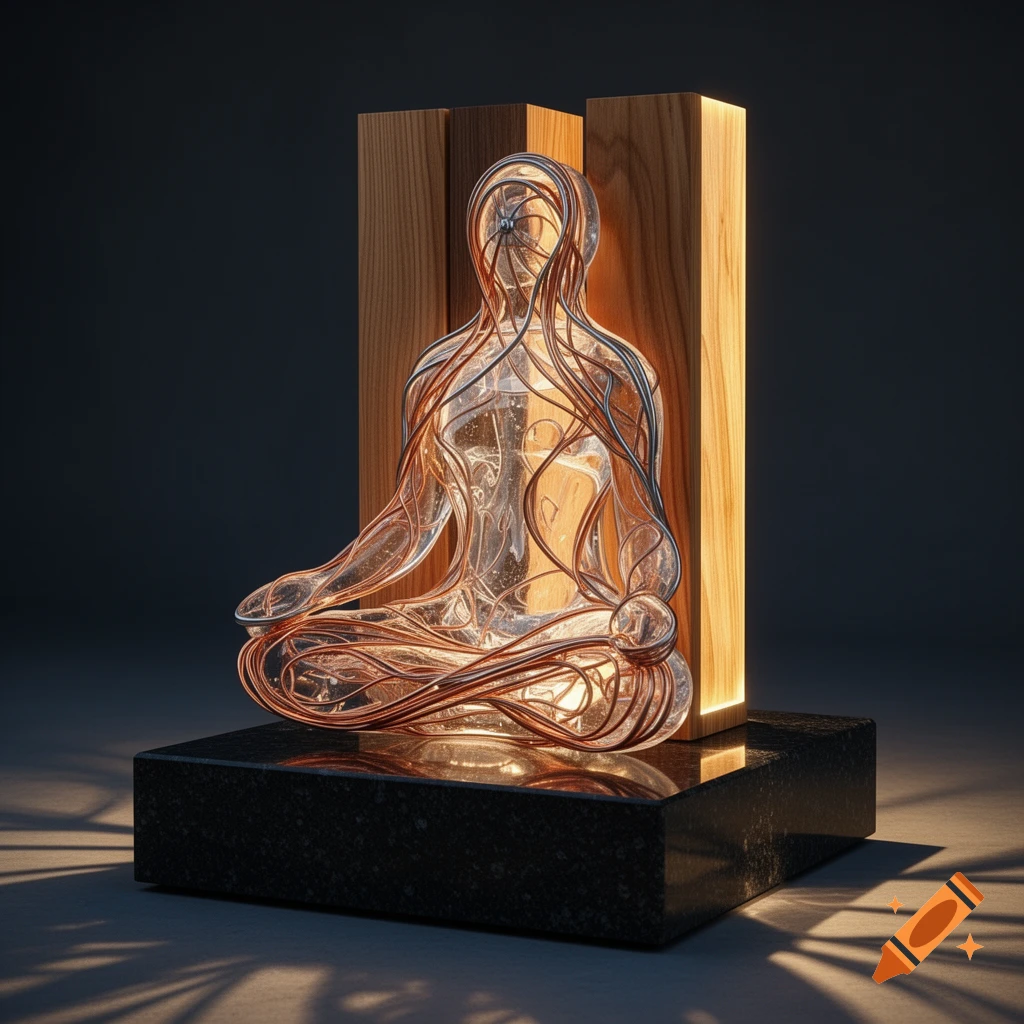 A glowing translucent sculpture of a meditating figure, composed of wires and organic forms, set against wooden panels on a dark base.