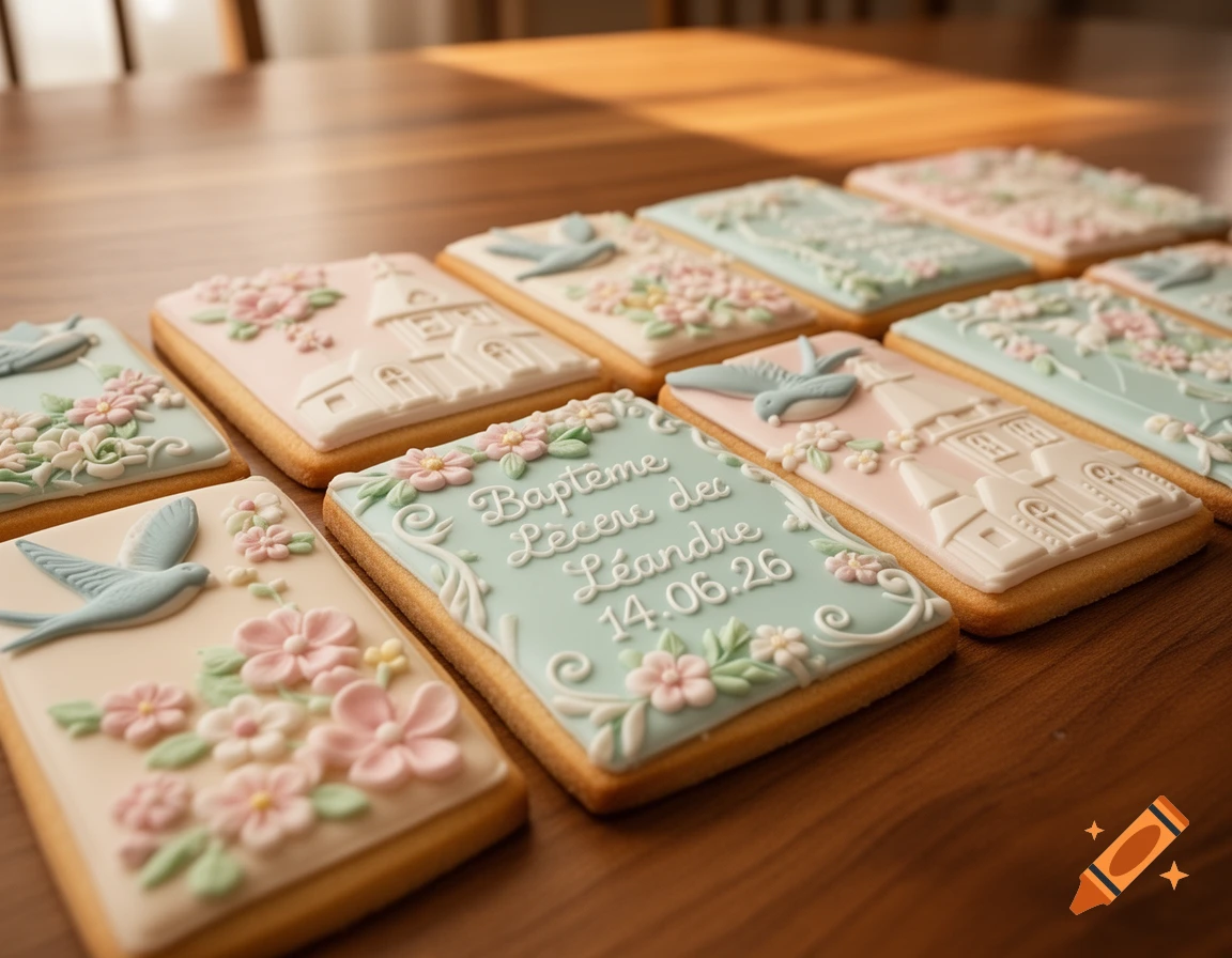 Rectangular cookies decorated with pastel icing depicting flowers, birds, churches, and 'Baptême de Léandre' text.
