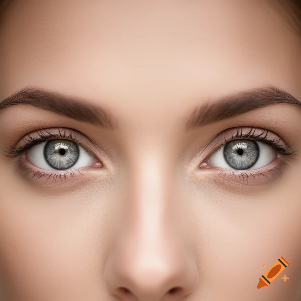 Close-up of a person's face showing two realistic gray eyes and well-defined eyebrows.