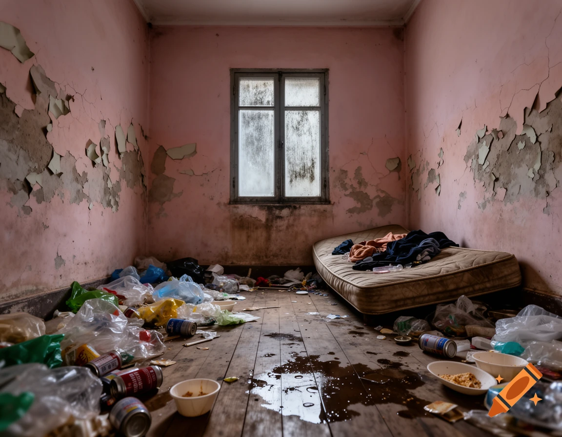 A disgustingly messy room with peeling pink walls, a dirty window, a soiled mattress, and trash covering the wooden floor, including cans and plastic bags.