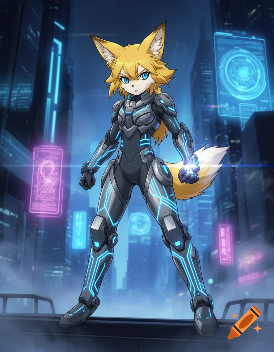 An anime-style anthropomorphic fox in a glowing sci-fi combat suit stands in a futuristic city at night.