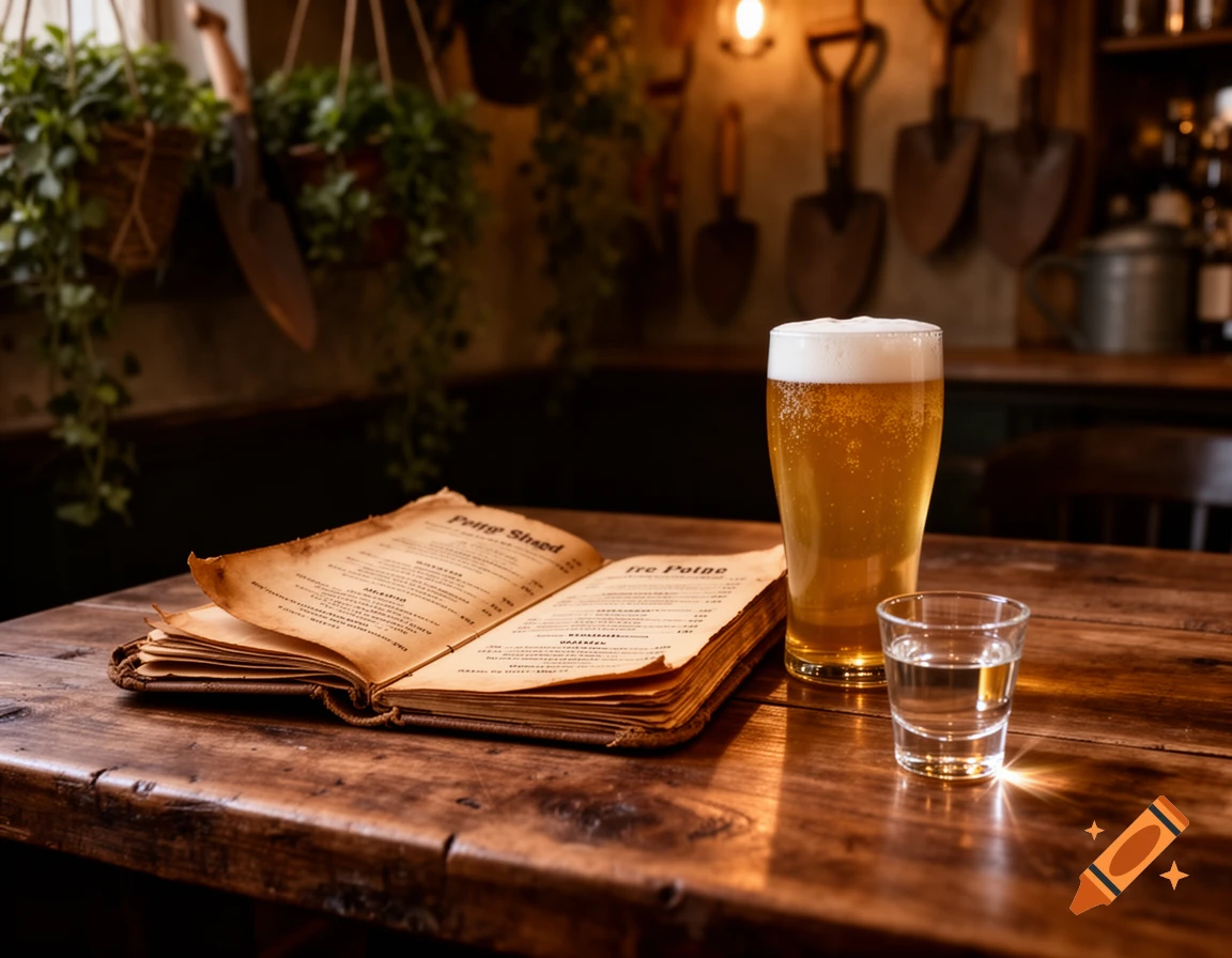 An open vintage menu, a frothy glass of beer, and a shot glass on a rustic wooden table in a dimly lit bar.