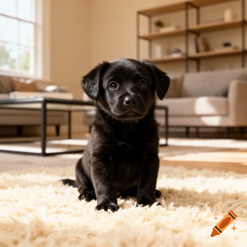 A cute black puppy sits on a cream-colored shag rug in a sunlit living room.