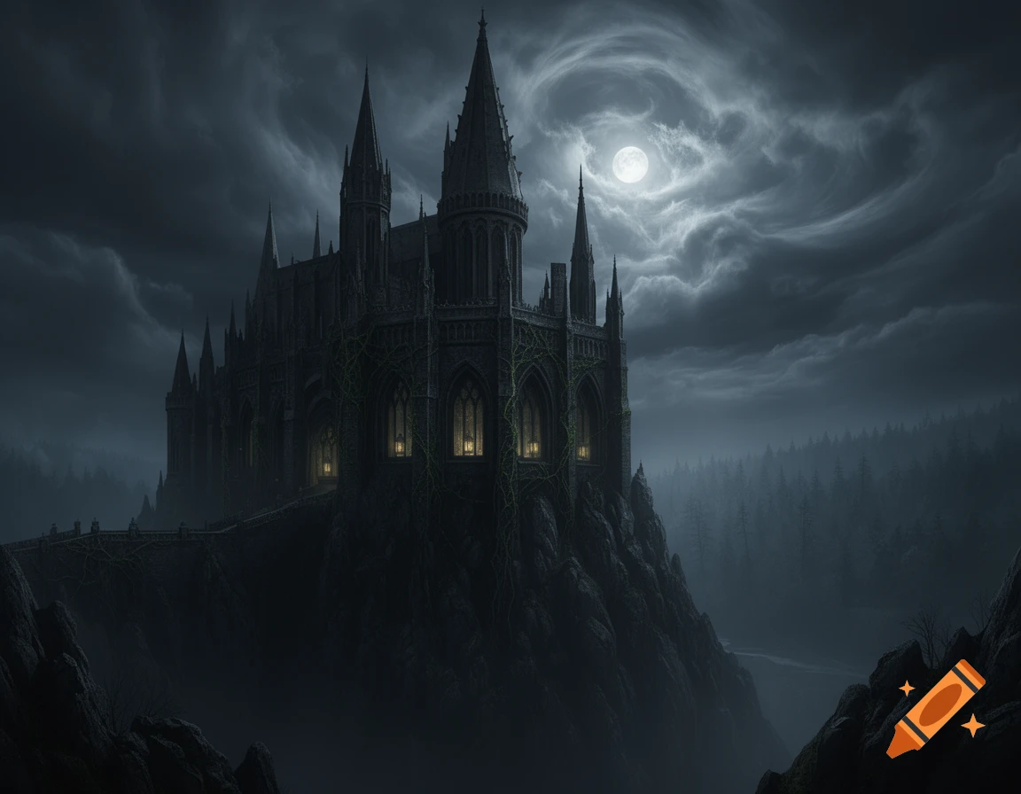 A dark, gothic castle with tall spires on a cliff, under a swirling ...