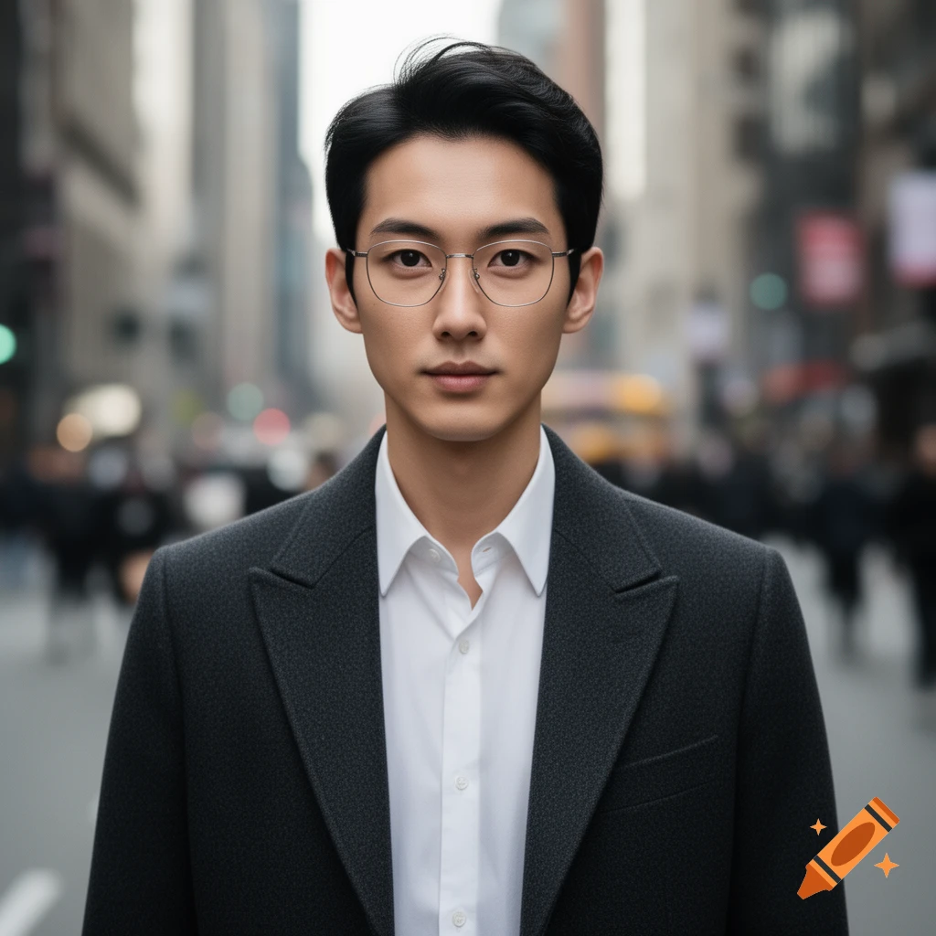 A photorealistic portrait of a young man with glasses, wearing a white shirt and dark coat, on a blurred city street.