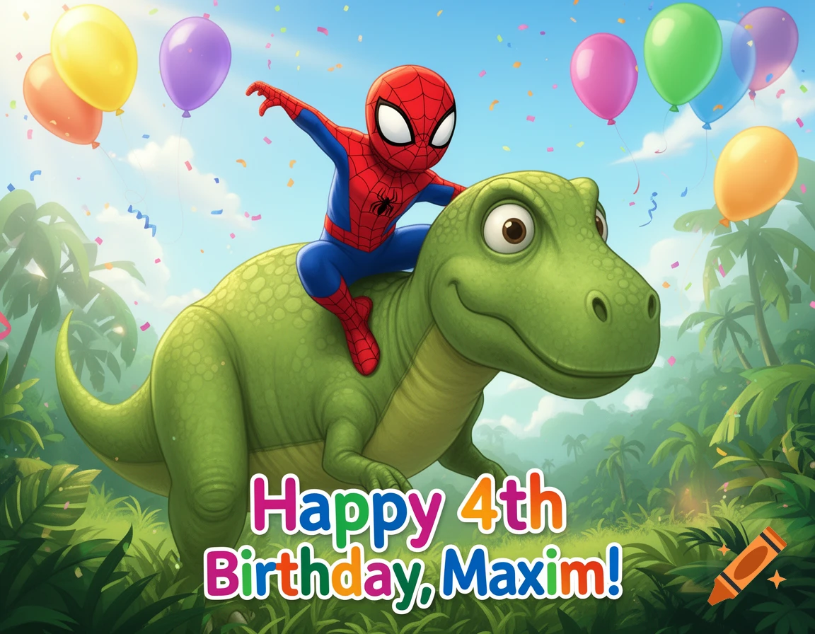 Spider-Man rides a green dinosaur on a birthday card, with balloons, confetti, and "Happy 4th Birthday, Maxim!" text.