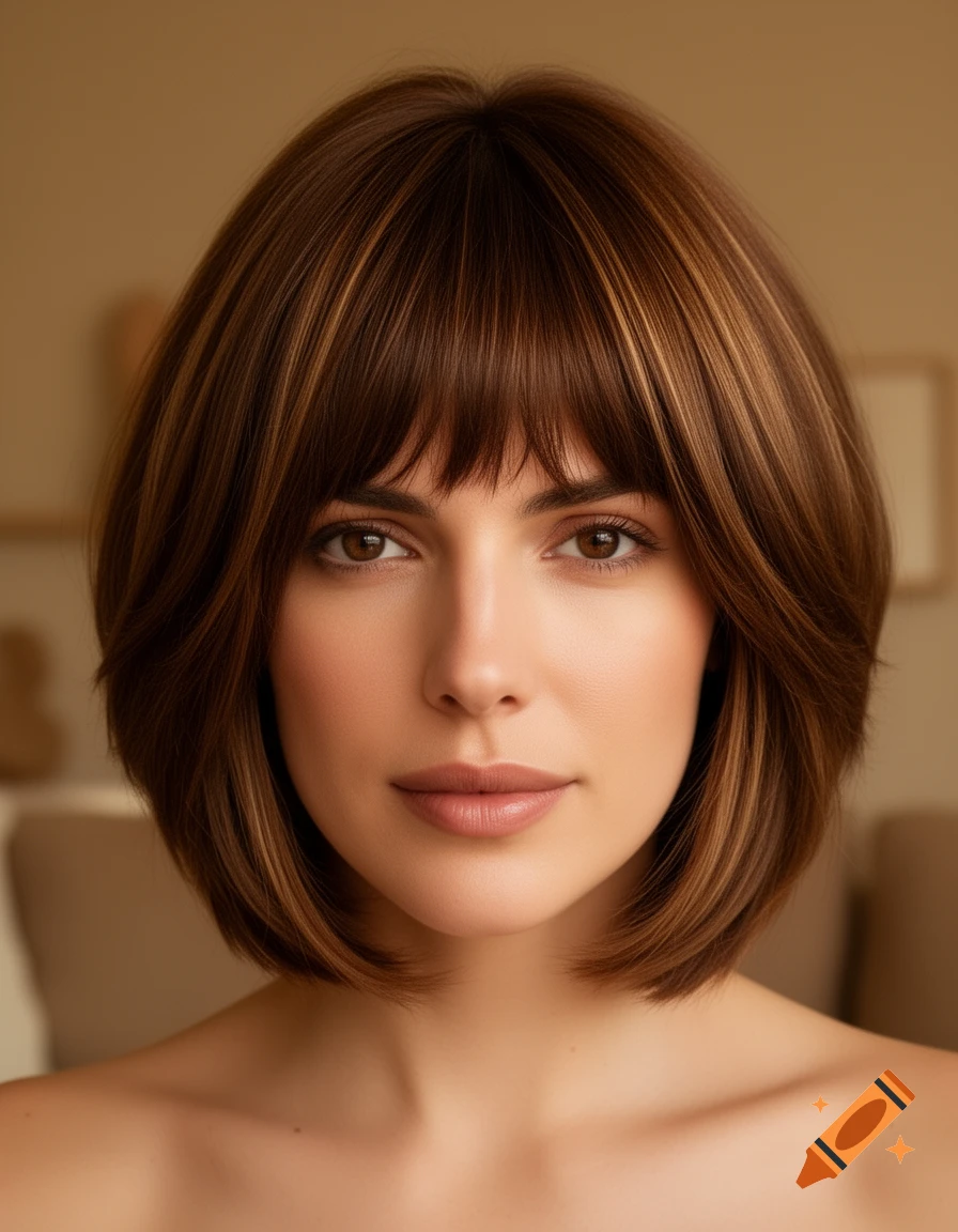 Close-up portrait of a woman with a brown bob haircut with highlights and bangs.