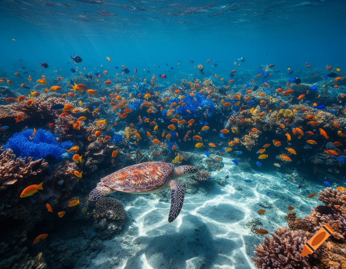 An underwater view of a sea turtle swimming over a vibrant coral reef teeming with colorful fish in clear blue water.