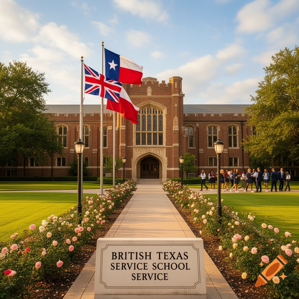 A brick school building with a pathway, flags, and students on a lawn. A plaque reads 'BRITISH TEXAS SERVICE SCHOOL SERVICE'.