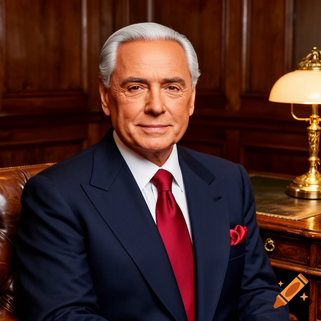 Photorealistic portrait of a distinguished older man with white hair in a dark blue suit and red tie, sitting in a wood-paneled office.