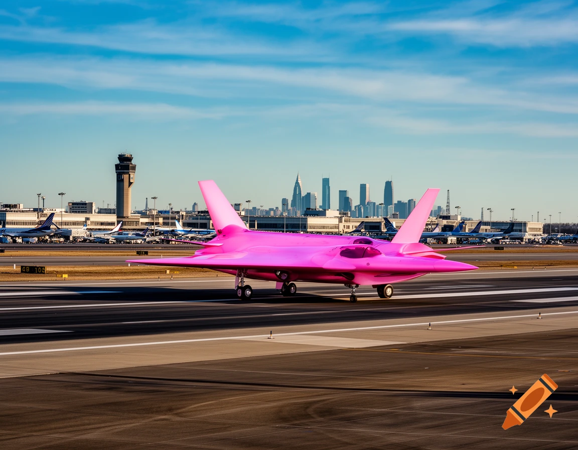 A vibrant pink fighter jet sits on an airport runway with a city skyline and control tower in the background under a blue sky.