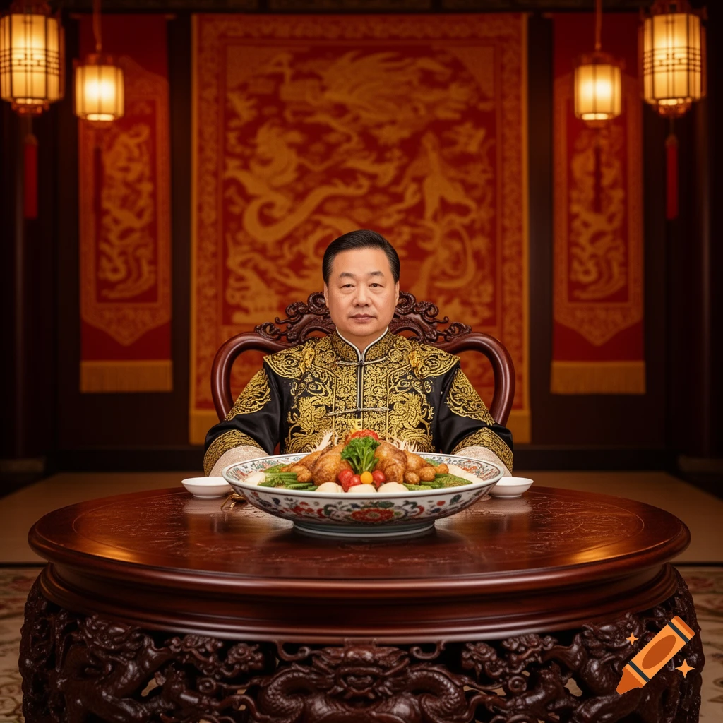 A man in traditional black and gold Chinese attire sits at an ornate table with a large dish of roasted poultry, in a grand room with red tapestries and lanterns.