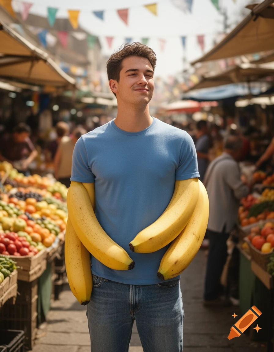 A man with large bananas for arms stands smiling with closed eyes in a bustling market with fruit stalls.