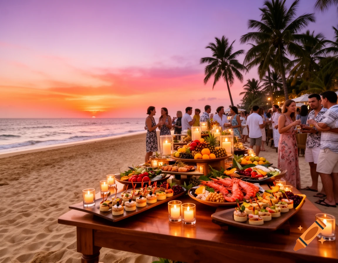 A vibrant beach buffet dinner at sunset, with tables laden with food and candles, and people mingling.