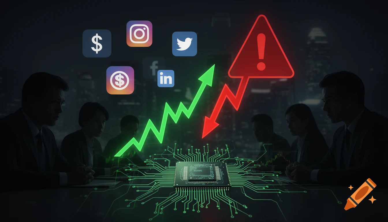 A dark, stylized image of business silhouettes in a meeting, with a glowing green circuit board and chip in the center, flanked by rising and falling stock charts, social media icons, dollar signs, and a red warning triangle above.
