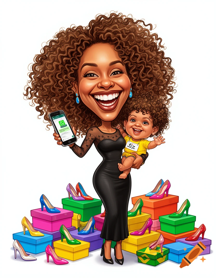 A smiling Brazilian woman with voluminous curly hair holds a baby girl named Liz, surrounded by colorful shoe boxes and high heels. She holds a phone displaying WhatsApp, in a vibrant cartoon style illustration.