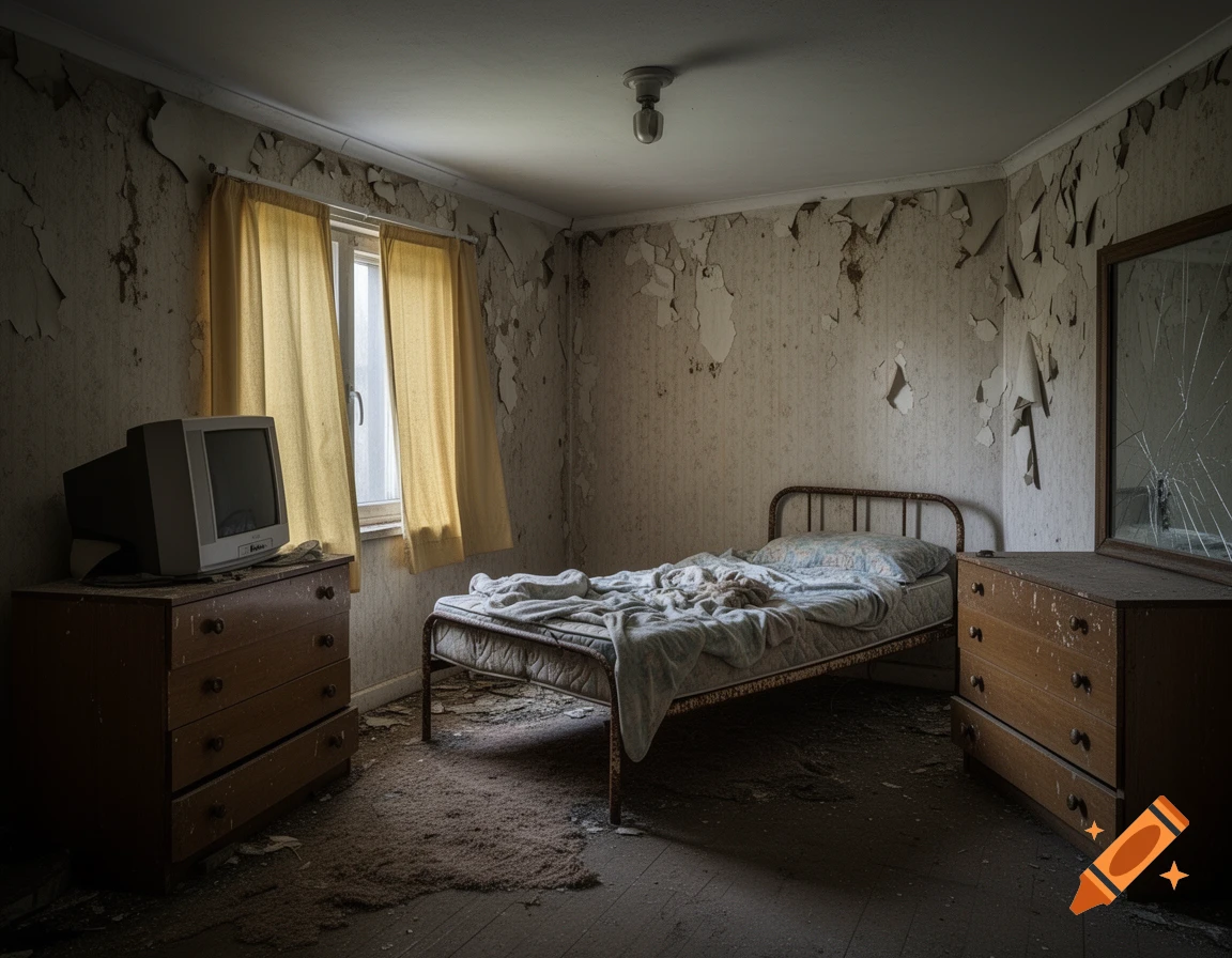A dilapidated bedroom with peeling wallpaper, a rusty bed, an old TV on a dresser, and a broken mirror.