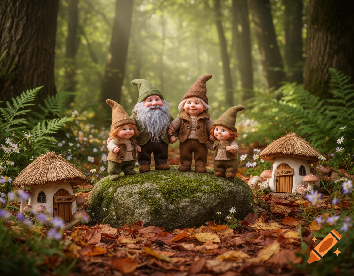 A family of four gnomes stands on a mossy rock in an enchanted forest with mushroom houses and autumn leaves.