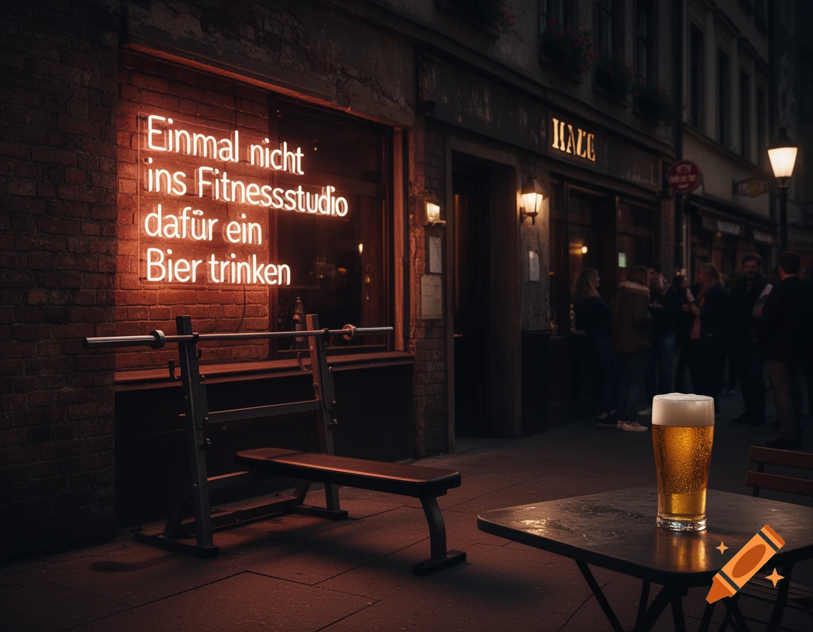 A glowing neon sign above a bench press in front of a bar at night, with a beer on a table in the foreground.